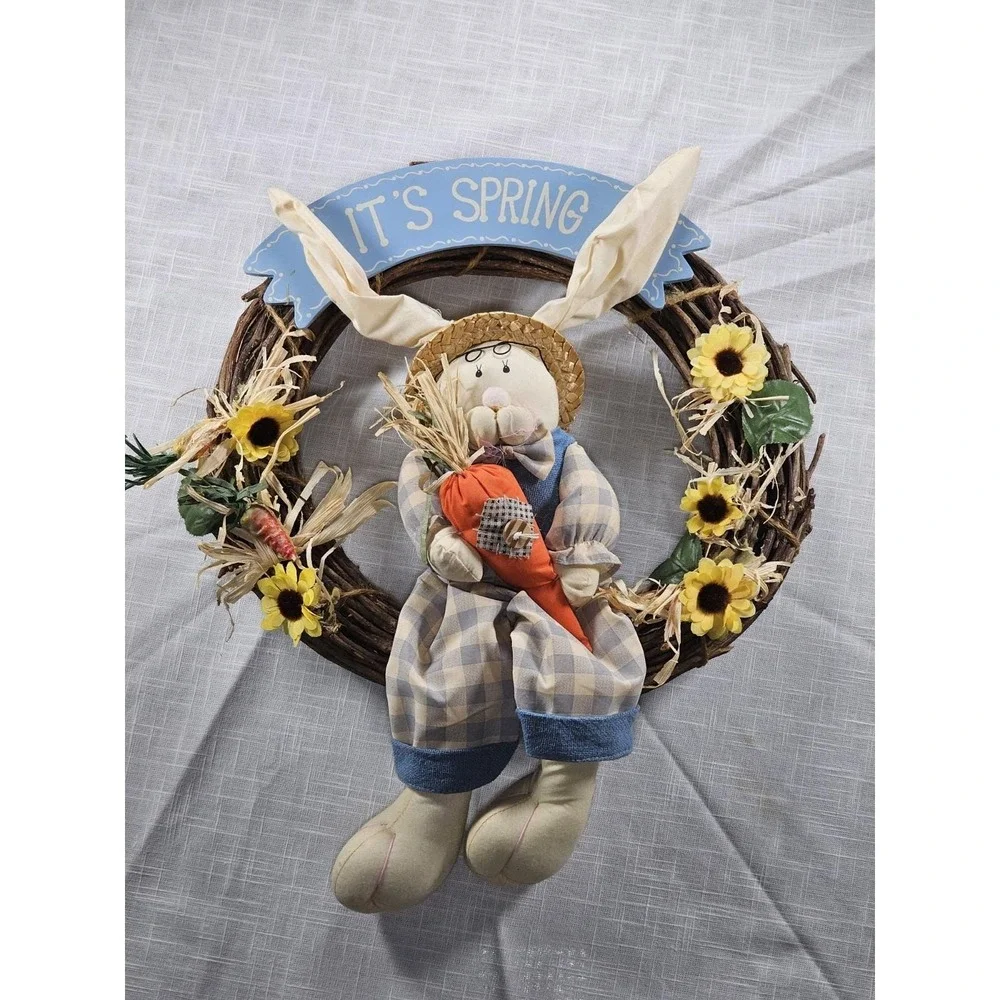 Vintage Easter Bunny Spring Grapevine Wreath Rustic Floral Door Decor